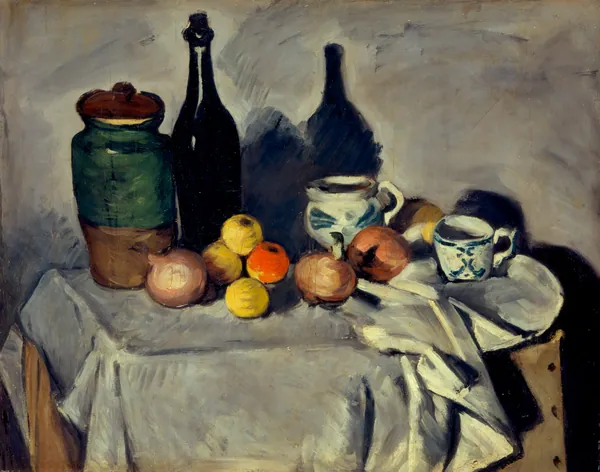 Stilleben (Früchte und Geschirr) by Paul Cézanne