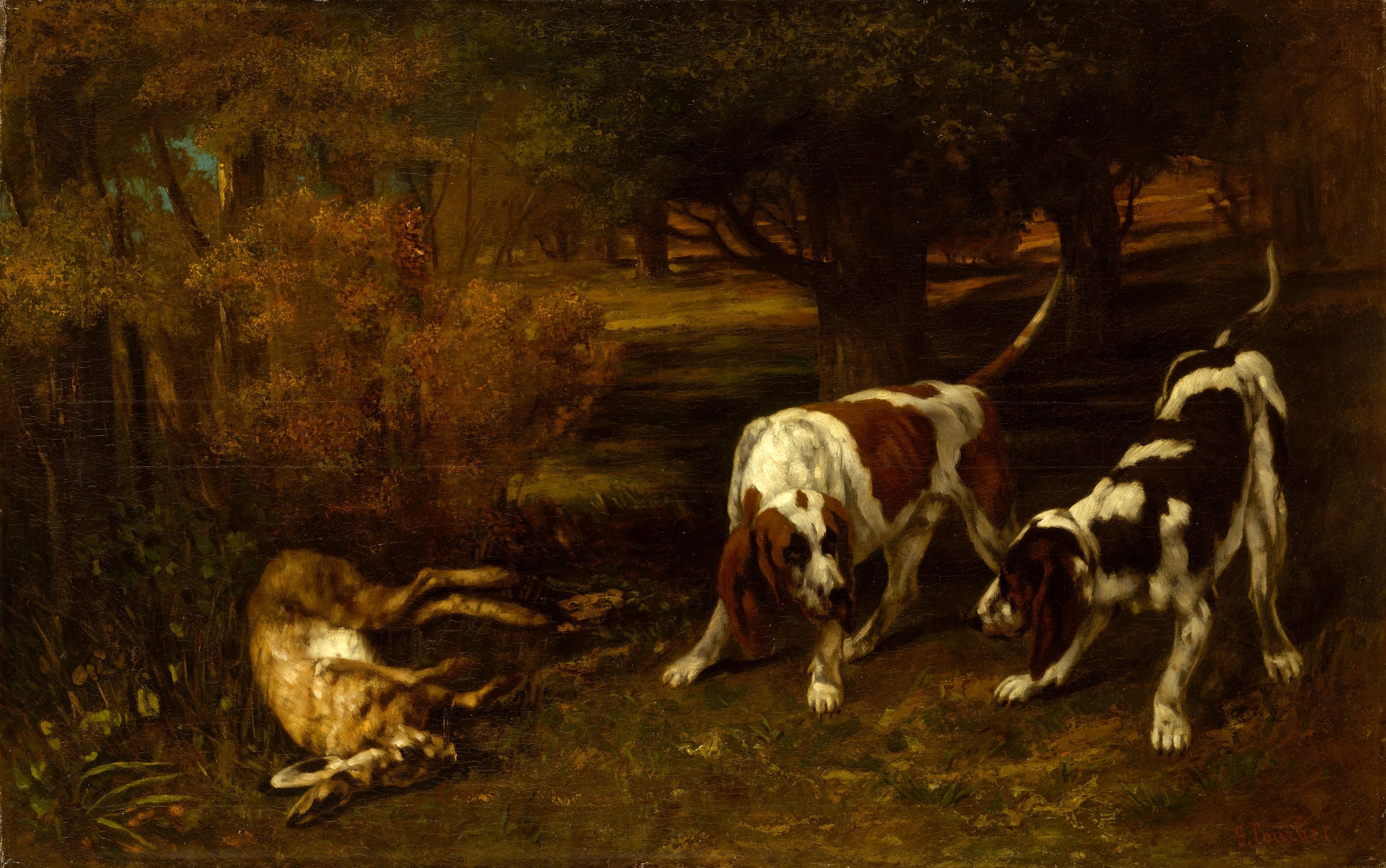 Hunting Dogs with Dead Hare by Gustave Courbet