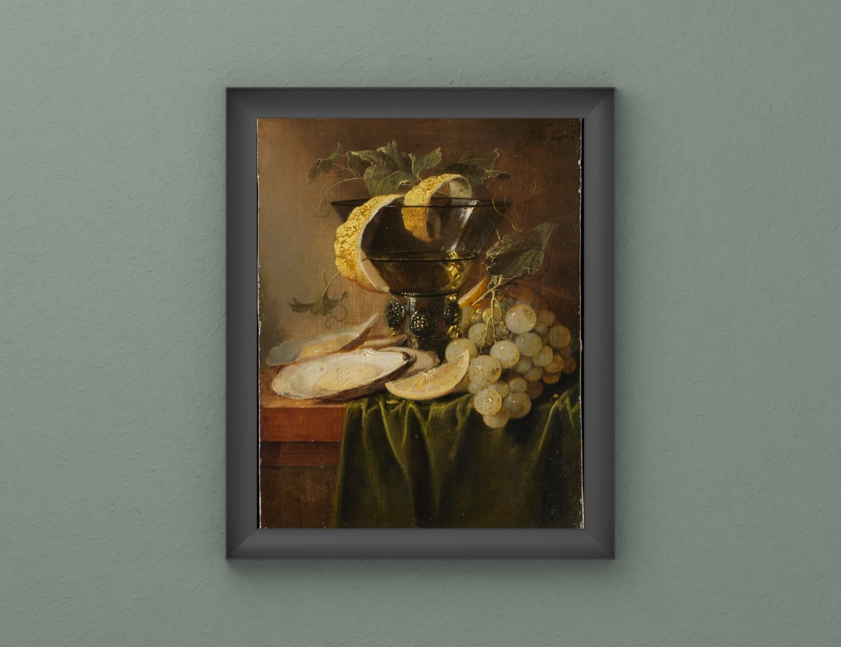 Stillleben mit Glas und Austern — Dunkelgrauer Vertiefungsrahmen · Graugrüne Wand.