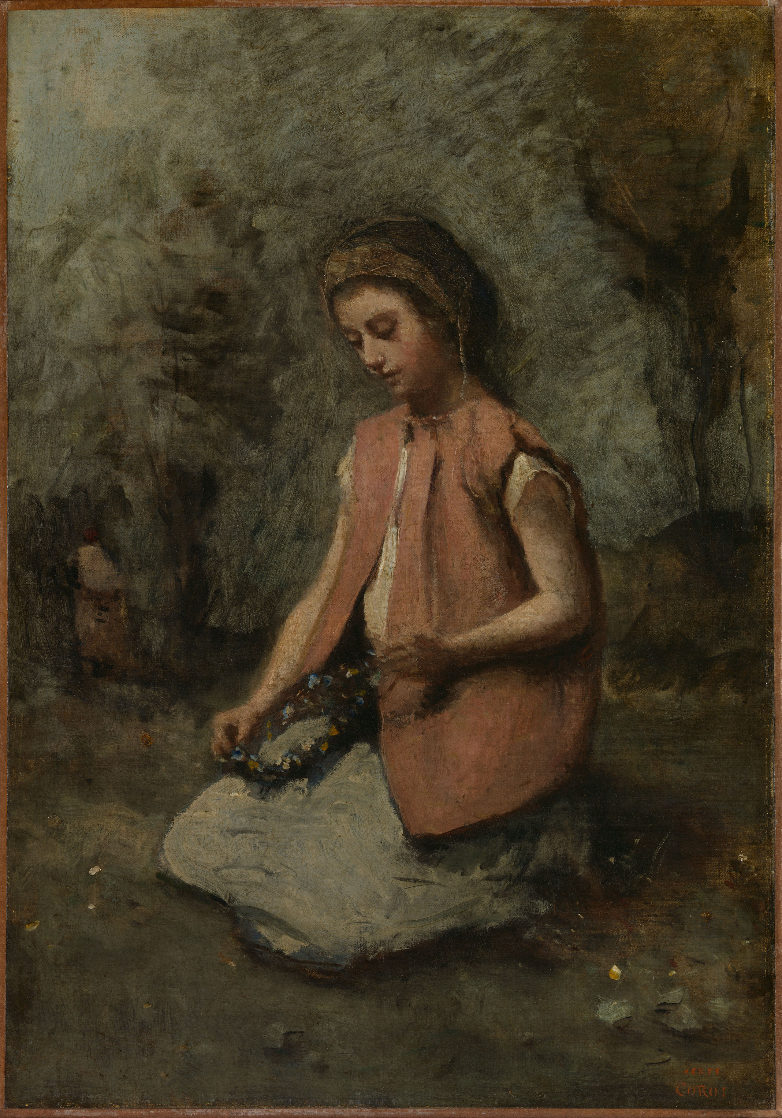 Girl Weaving a Garland by Camille Corot
