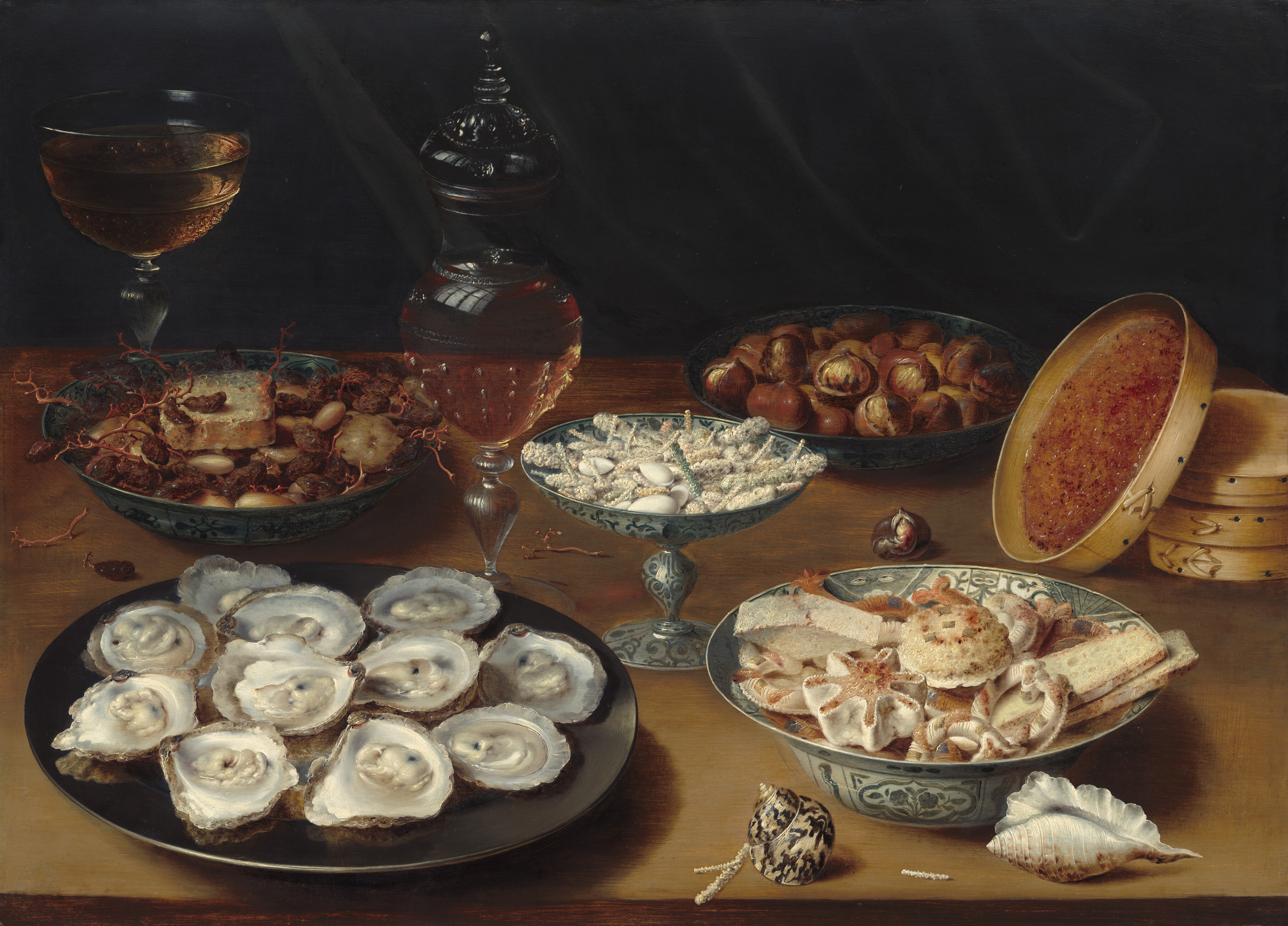 Dishes with Oysters, Fruit, and Wine by Osias Beert the Elder