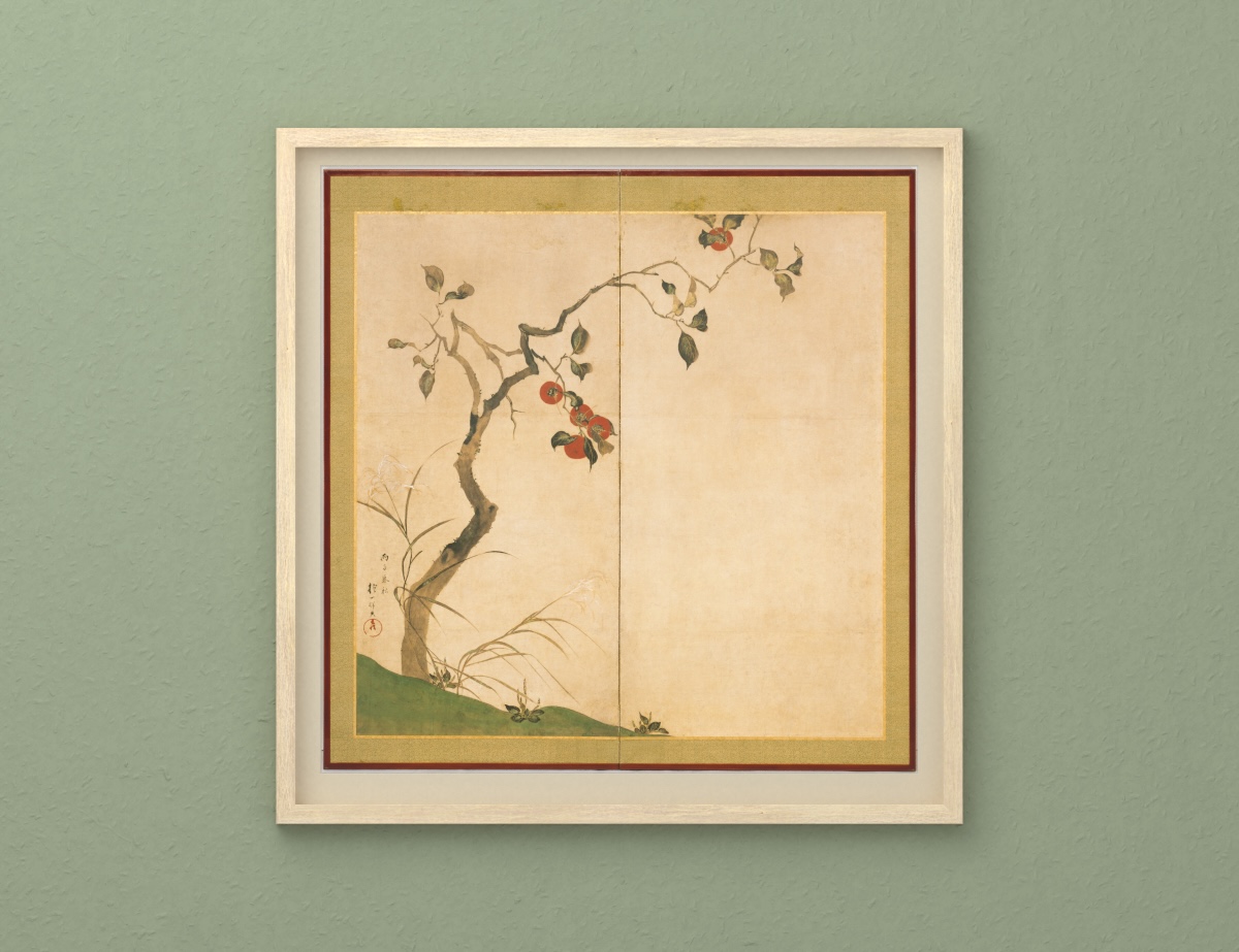 柿図屏風 — メープル色の色紙額 · 楮繊維紙.