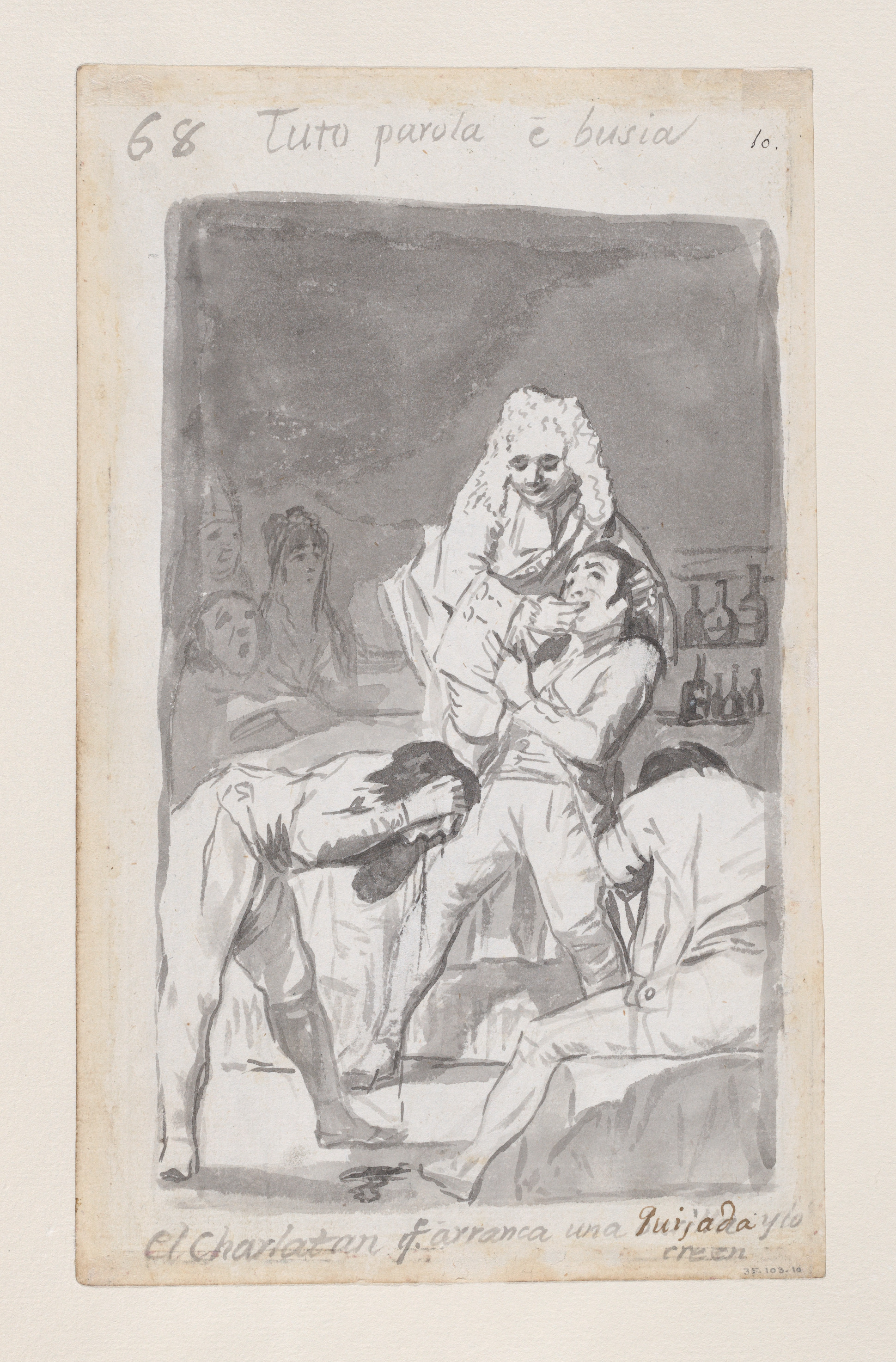 A charlatan extracting a tooth from a patient's mouth, figure in the foreground vomiting; folio 68 (verso) from the Madrid Album "B" by Goya (Francisco de Goya y Lucientes)