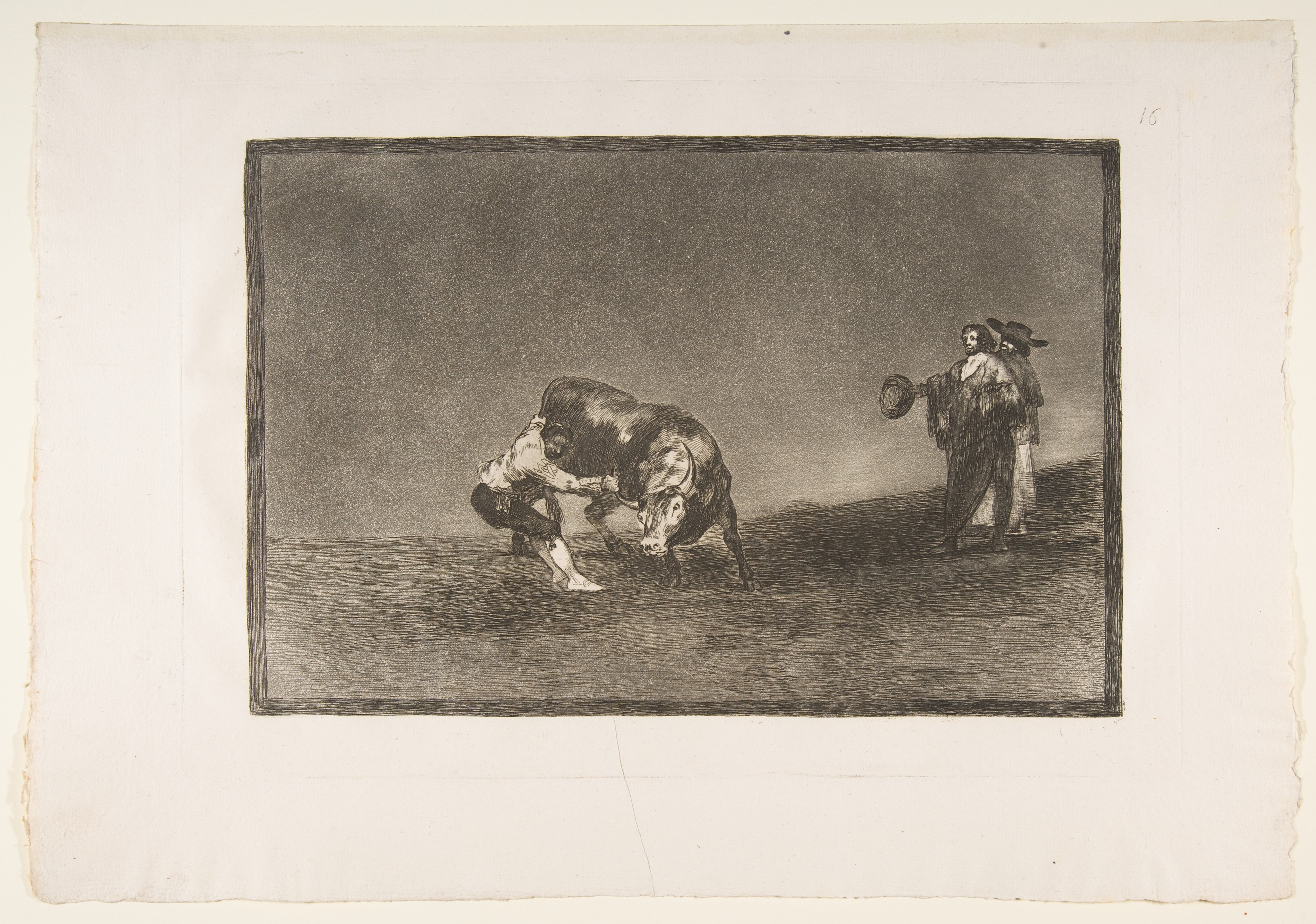 Plate 16 of "La Tauromaquia": The same man throws a bull in the ring at Madrid by Goya (Francisco de Goya y Lucientes)