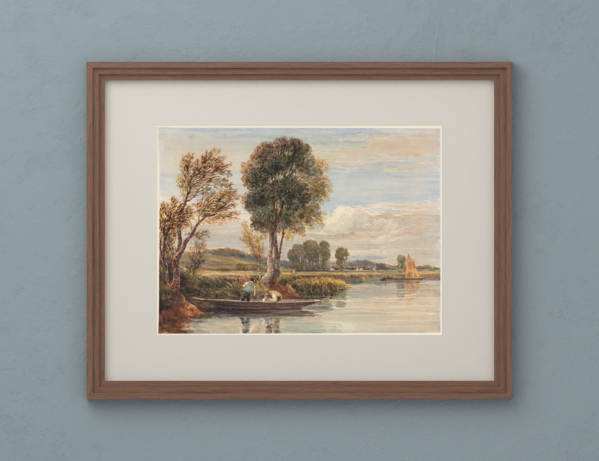 Sobre o Tâmisa, de David Cox, com uma moldura de nogueira em degraus, paspartu cinza-quente e parede de gesso cinza-azulada. Moldura digital por Wallside. Original: Cleveland Museum of Art, 2005.201, CC0.