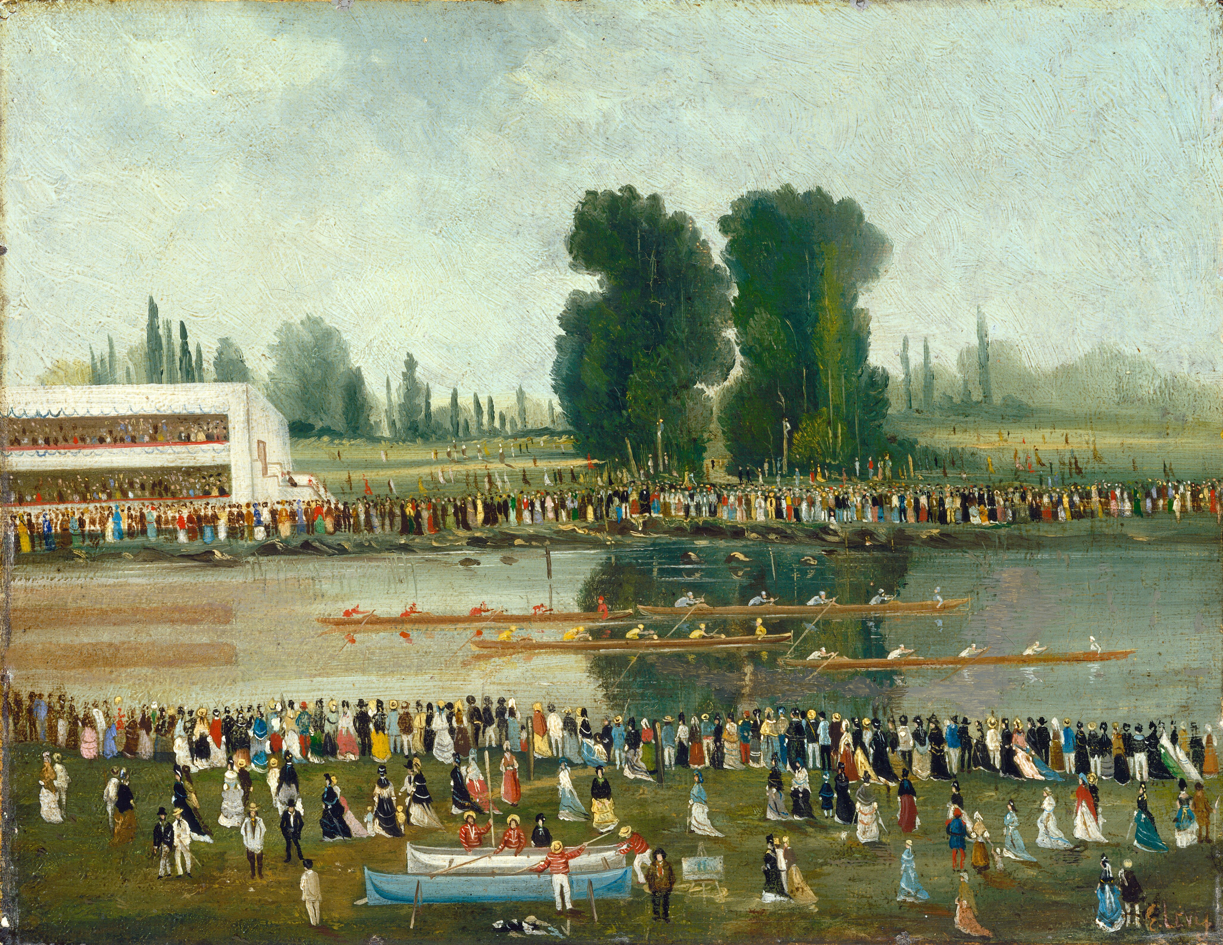 Rowing Scene: Crowds Watching from the River Banks by Émile Lévy