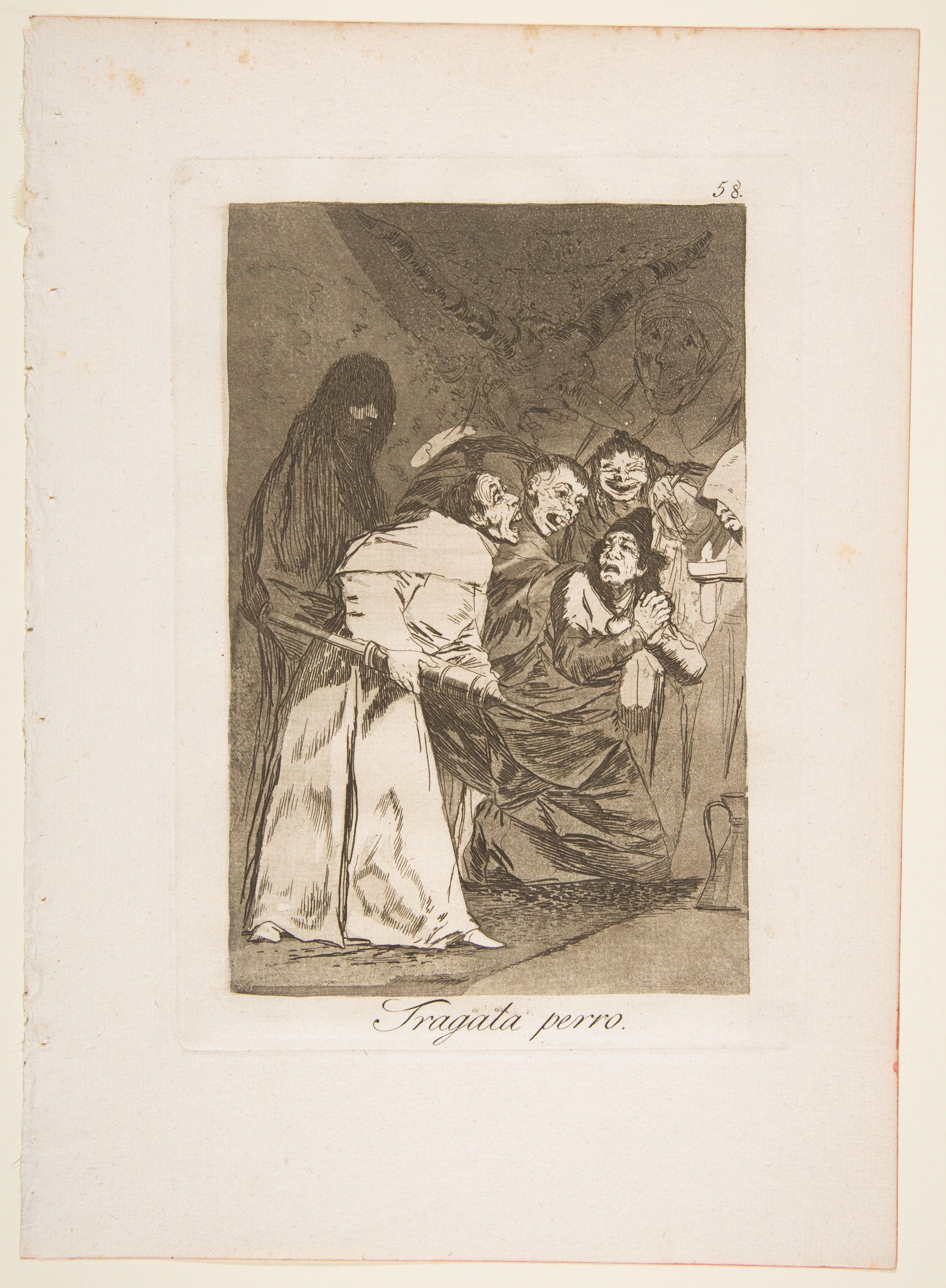 Plate 58 from "Los Caprichos": Swallow it, dog (Tragala perro) by Goya (Francisco de Goya y Lucientes)
