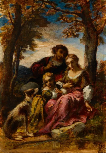 Figures and a Dog in a Landscape by Narcisse-Virgile Diaz de la Peña