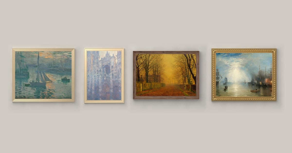 Four framed paintings from A Day of Light on a warm grey wall: a harbour at sunrise, a cathedral façade, a golden avenue at sunset and a moonlit quay.