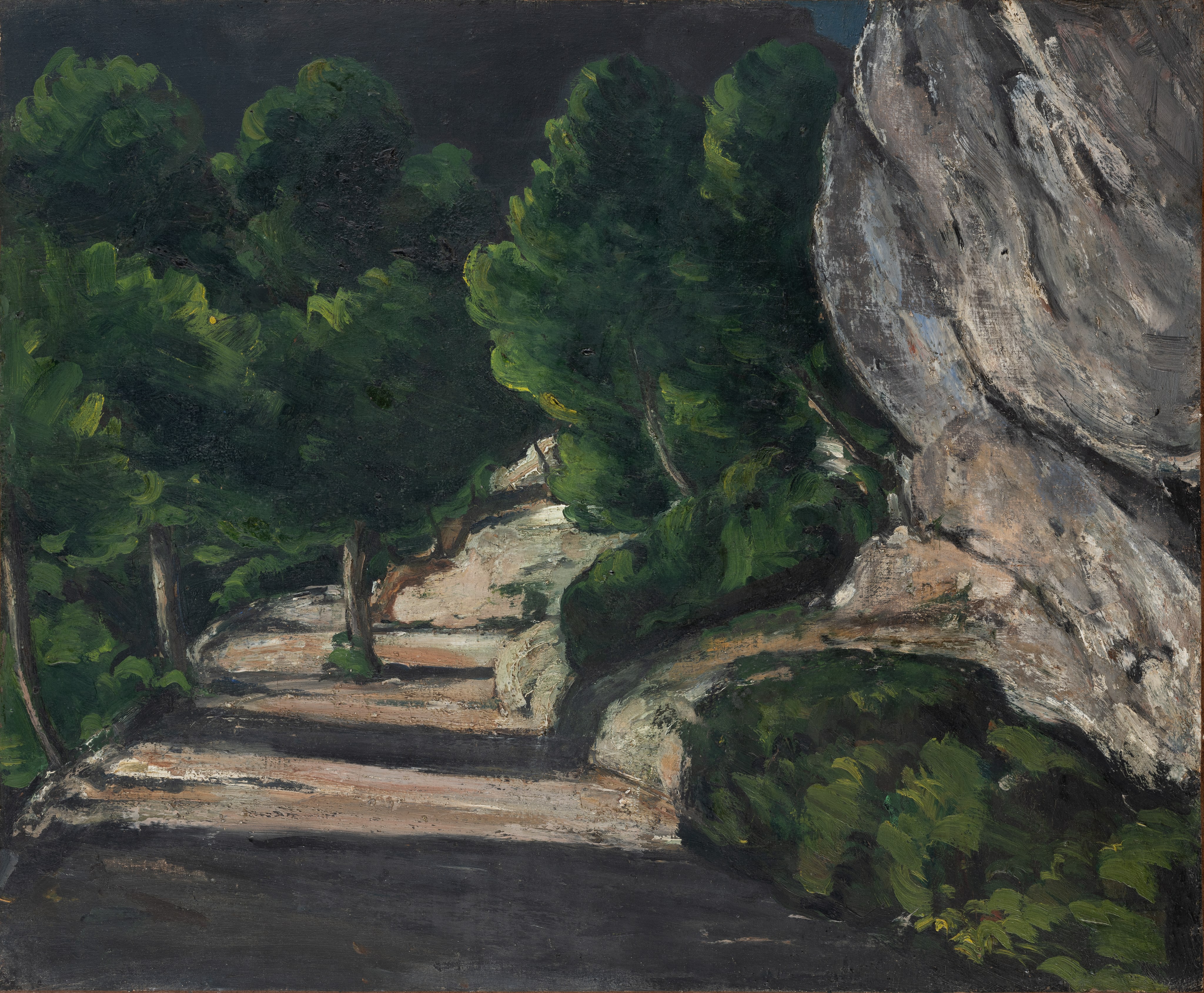 Landschaft. Straße mit Bäumen im Felsgebirge by Paul Cézanne