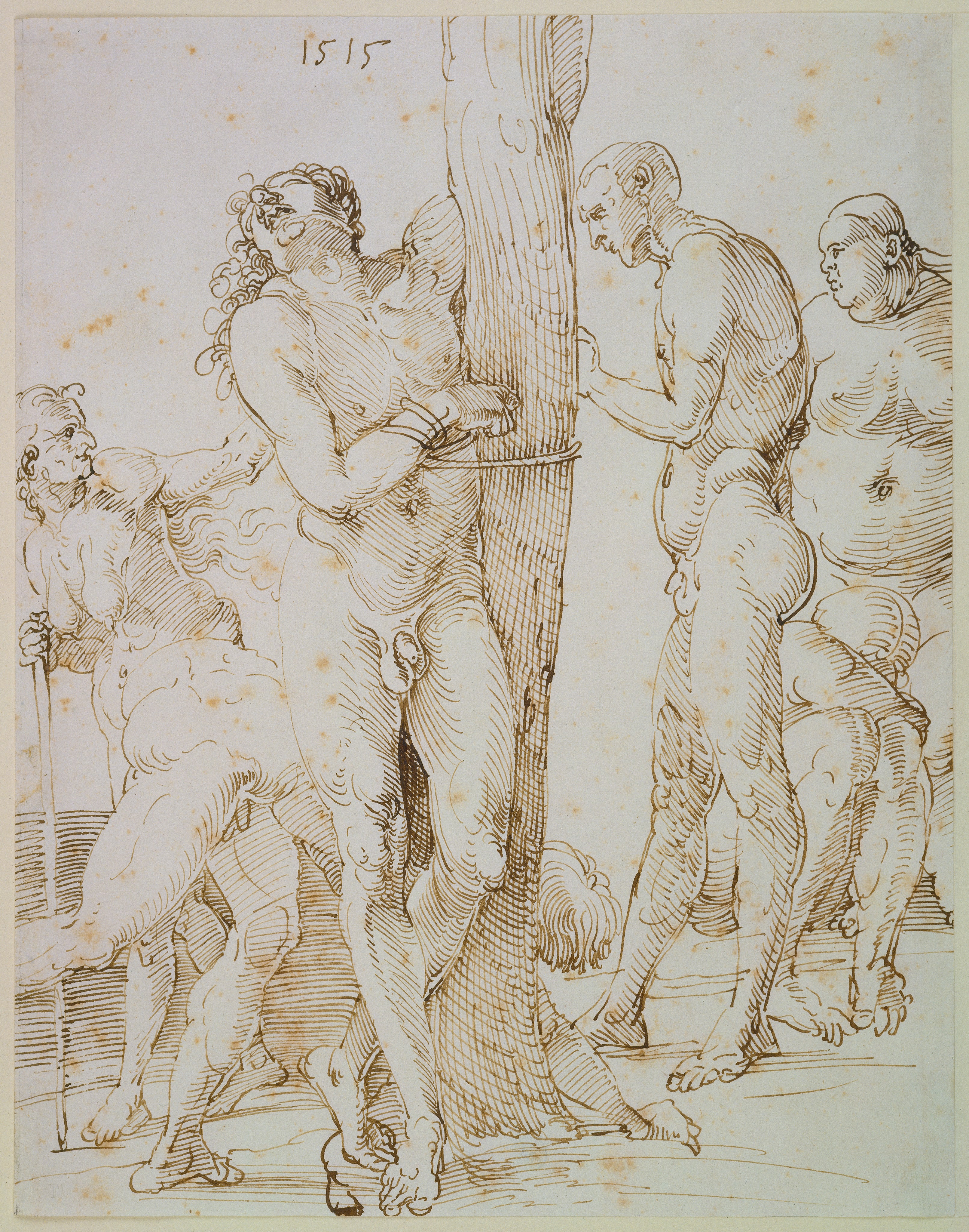 Sechs nackte Figuren, in der Mitte ein an einen Baum gefesselter Mann by Albrecht Dürer