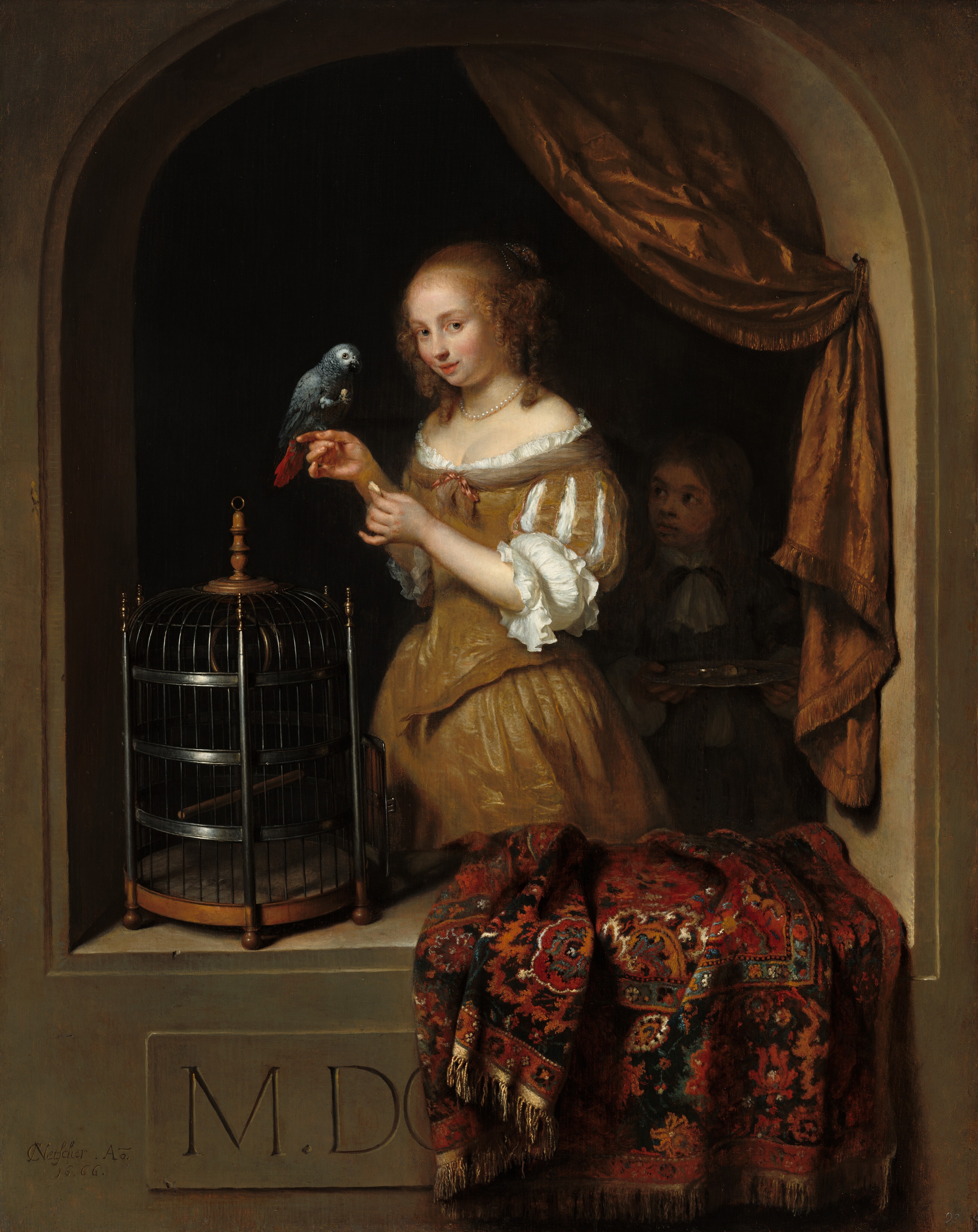 A Woman Feeding a Parrot, with a Page by Caspar Netscher