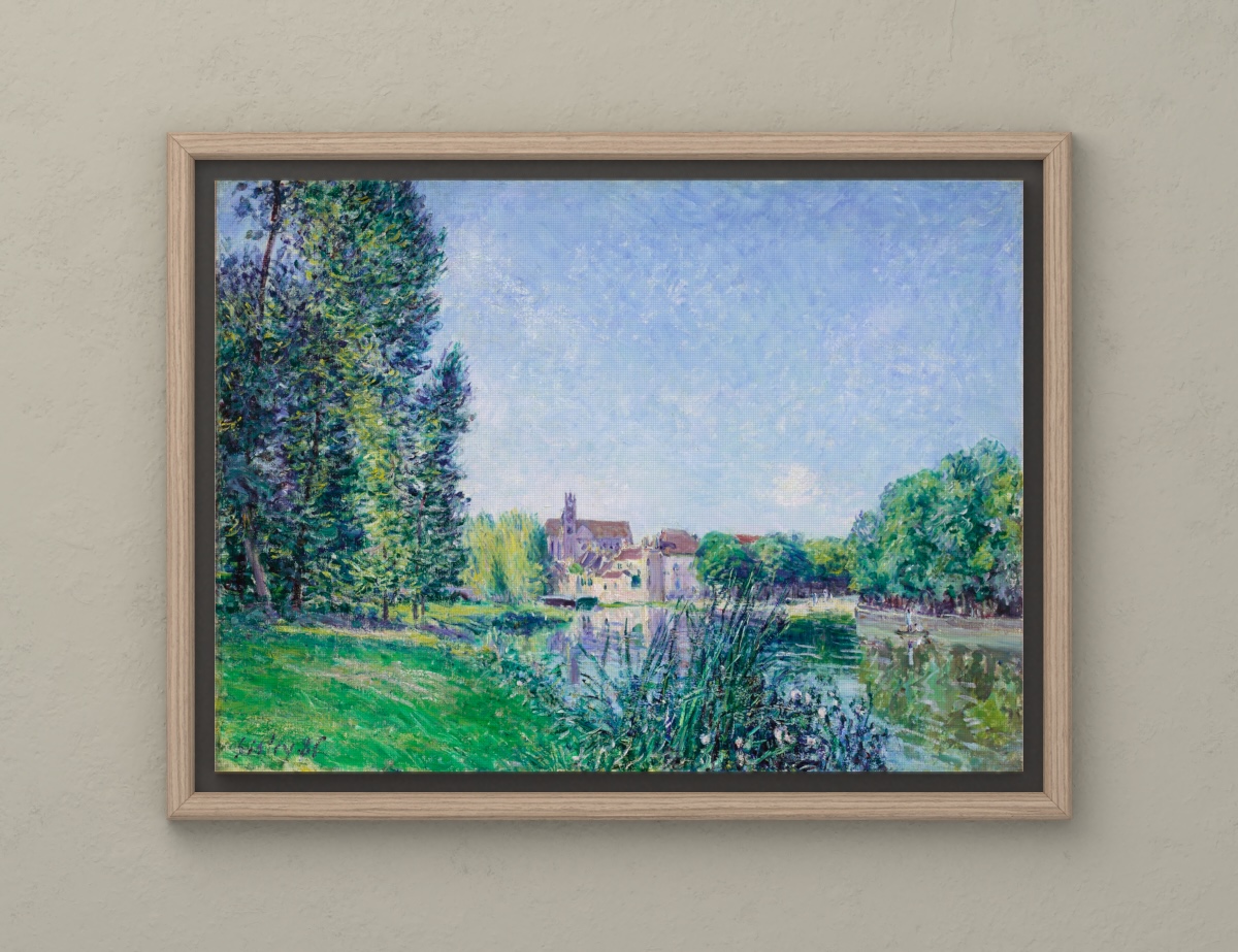 Die Loing bei Moret — Eschenholz-Schwebrahmen · Warme hellgraue Wand.