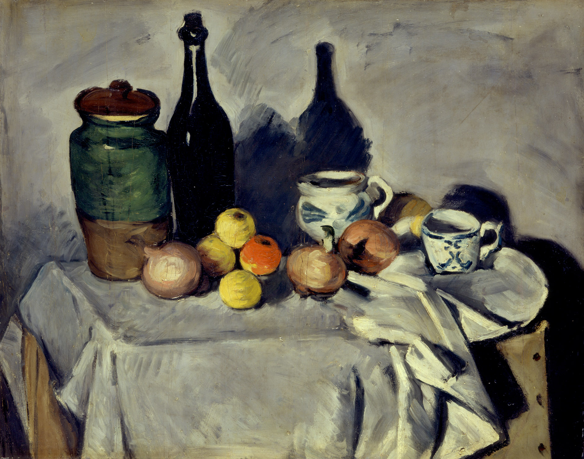 Stilleben (Früchte und Geschirr) by Paul Cézanne
