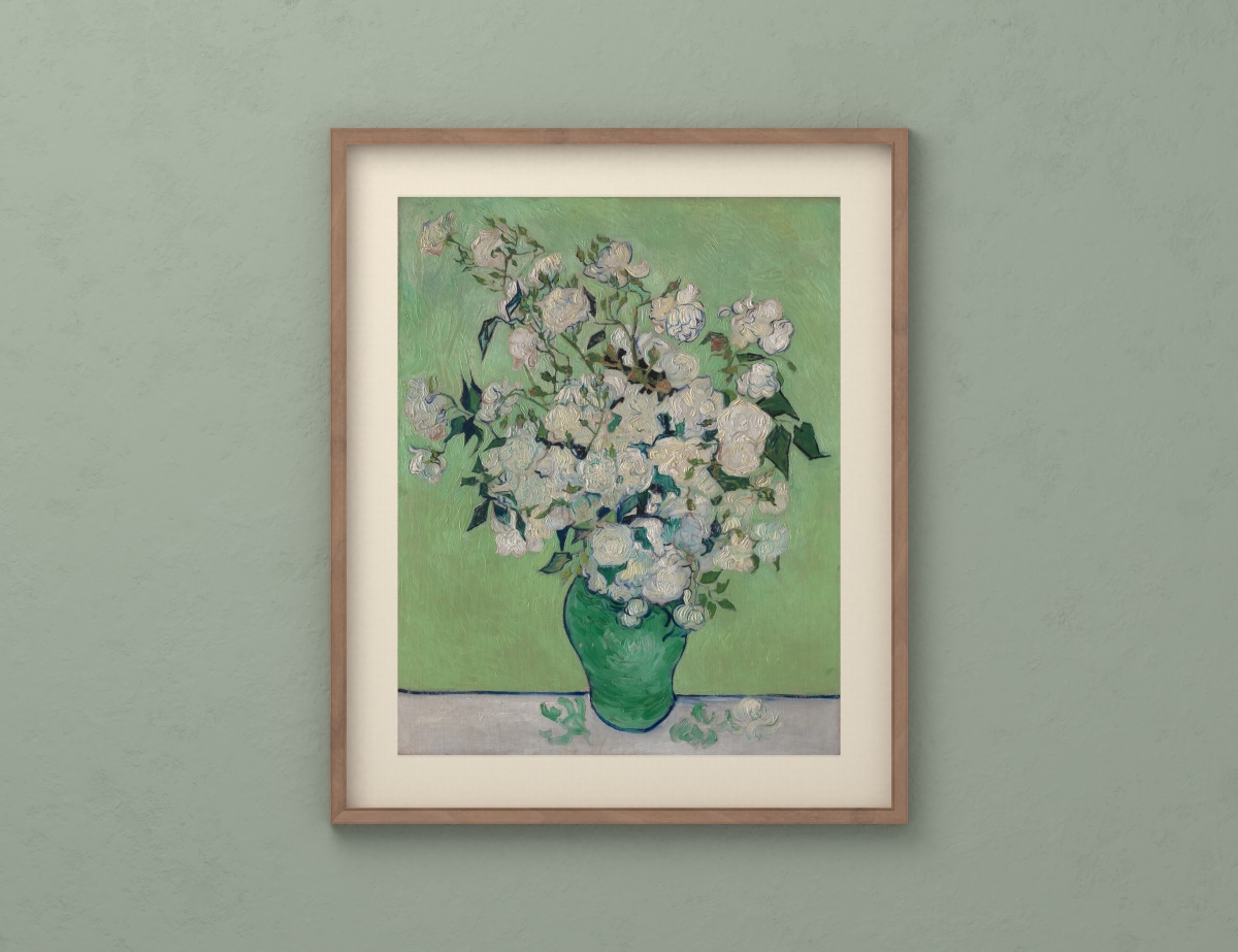 Roses — Walnut Thin Frame · Warm Paper Mat · Gray-Green Wall.