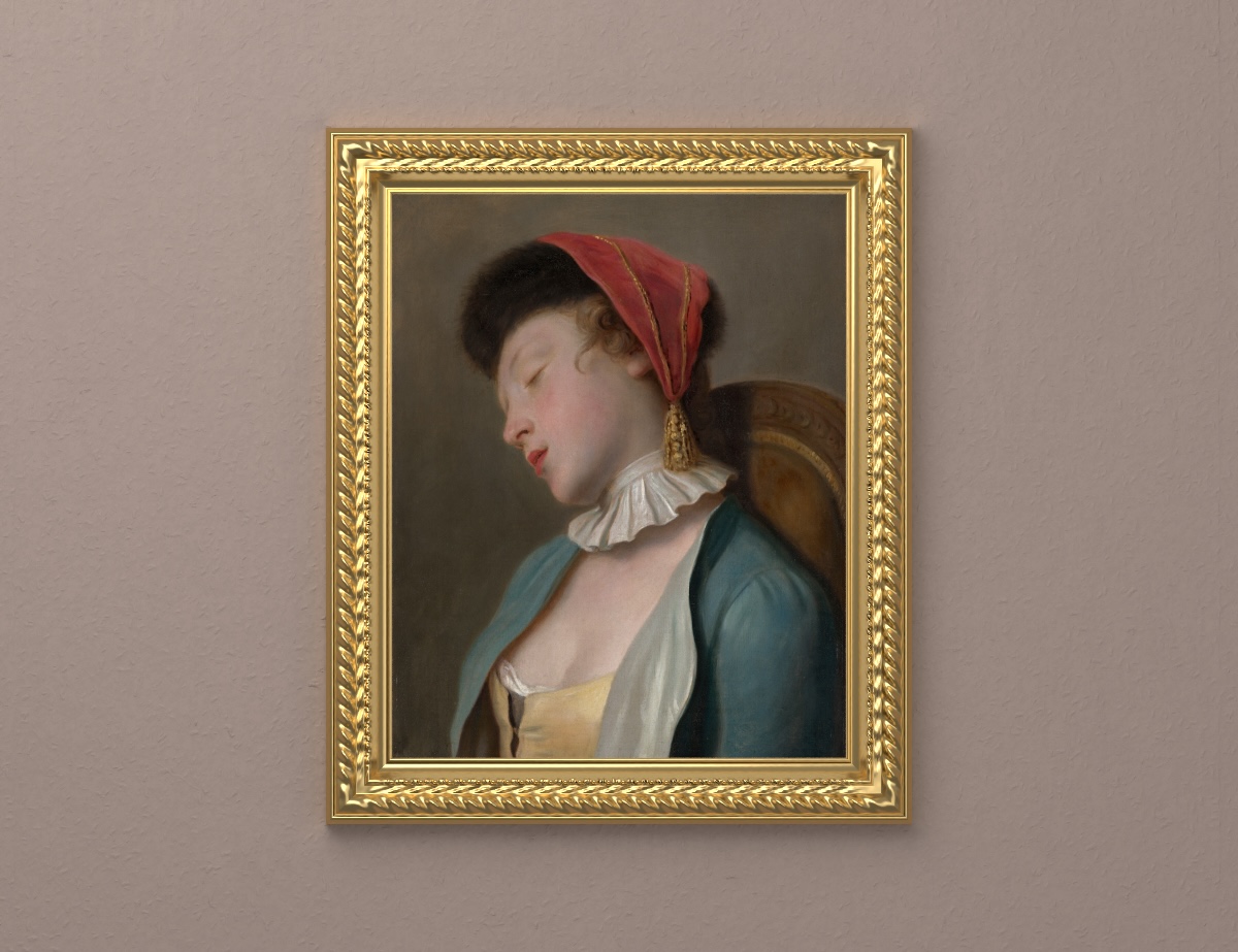 Ein schlafendes Mädchen — Geschnitzter Prunkrahmen · Graurosa Wand.