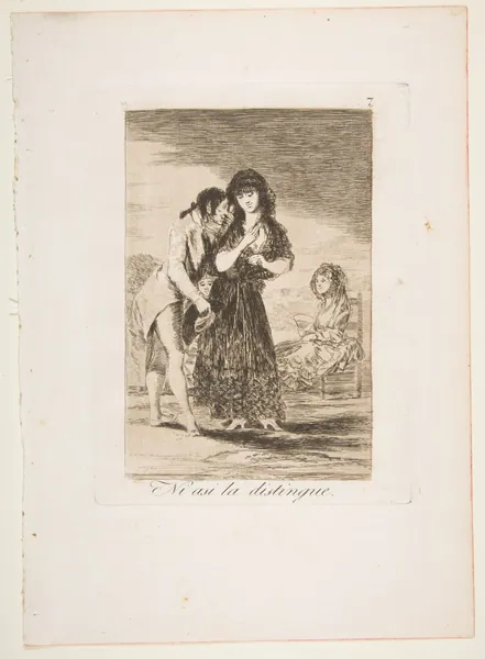 Plate 7 from "Los Caprichos": Even thus he cannot make her out (Ni asi la distingue) by Goya (Francisco de Goya y Lucientes)