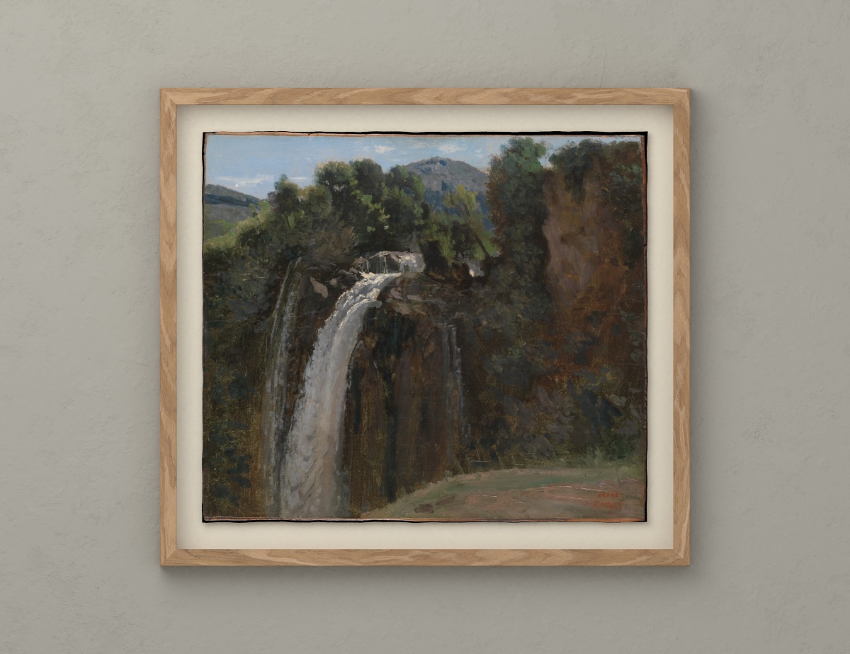 Wasserfall bei Terni — Eichenholz-Passepartout · Warmer Papierspiegel · Hellgraue Wand.