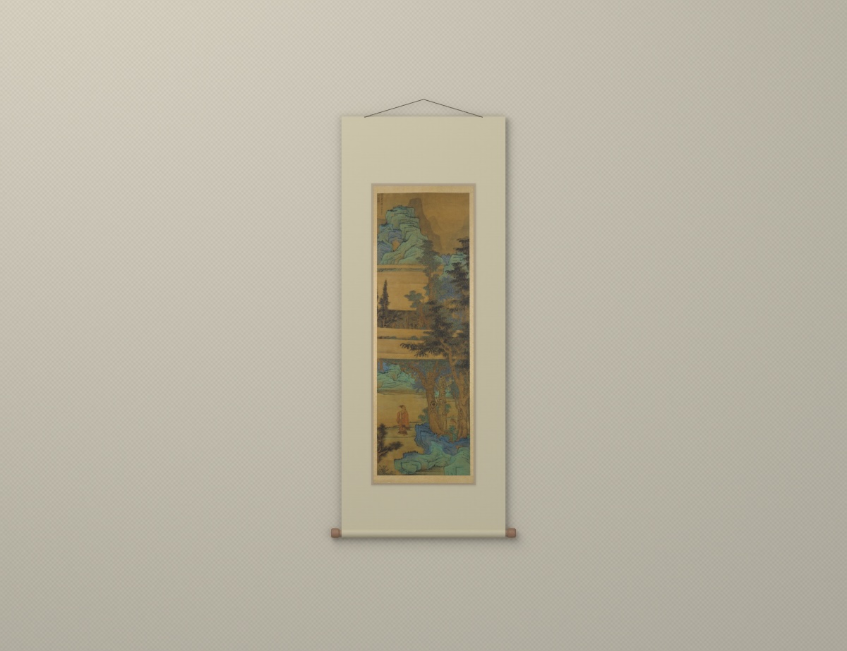 Gelehrter unter dem Baum — Chinesische Hängemappe · schlichte Seideneinfassung.