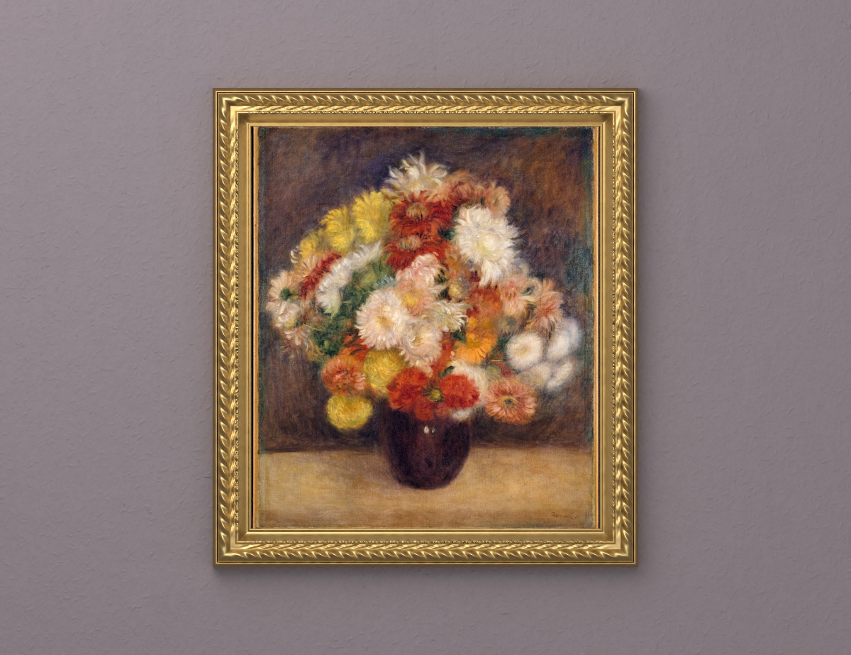 Renoir’s Bouquet of Chrysanthemums in a warm gold ornamental frame without a mat, on a muted mauve-grey textured wall.