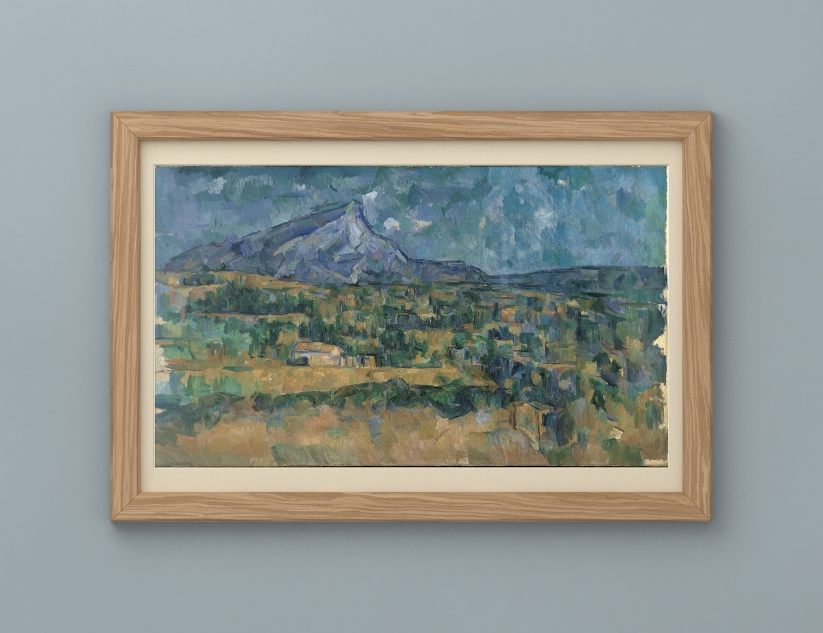 Mont Sainte-Victoire — Straight Oak Frame · Linen Mat · Gray-Blue Plaster Wall.