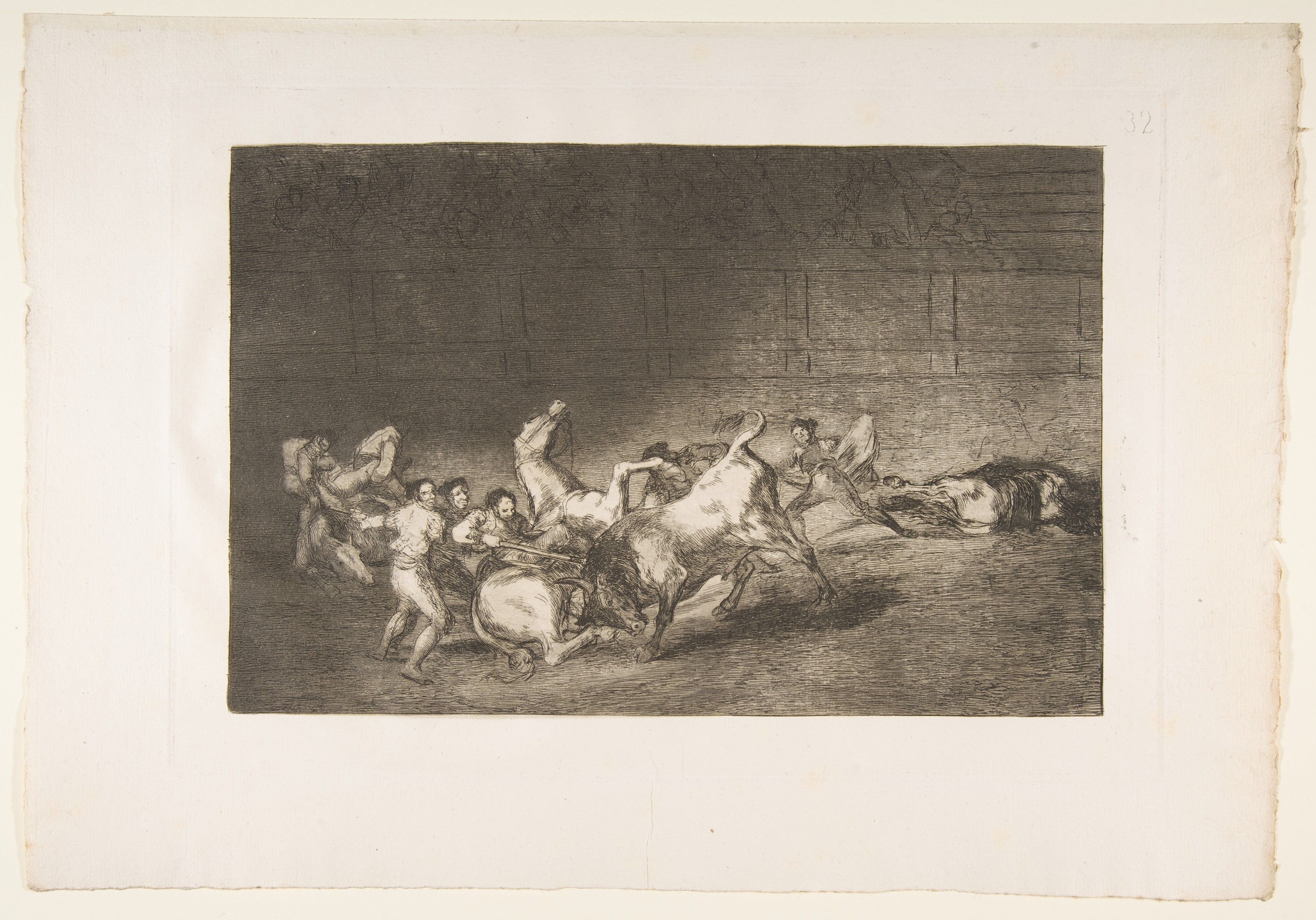 Plate 32 from "La Tauromaquia": Two teams of picadors thrown one after the other by a single bull by Goya (Francisco de Goya y Lucientes)