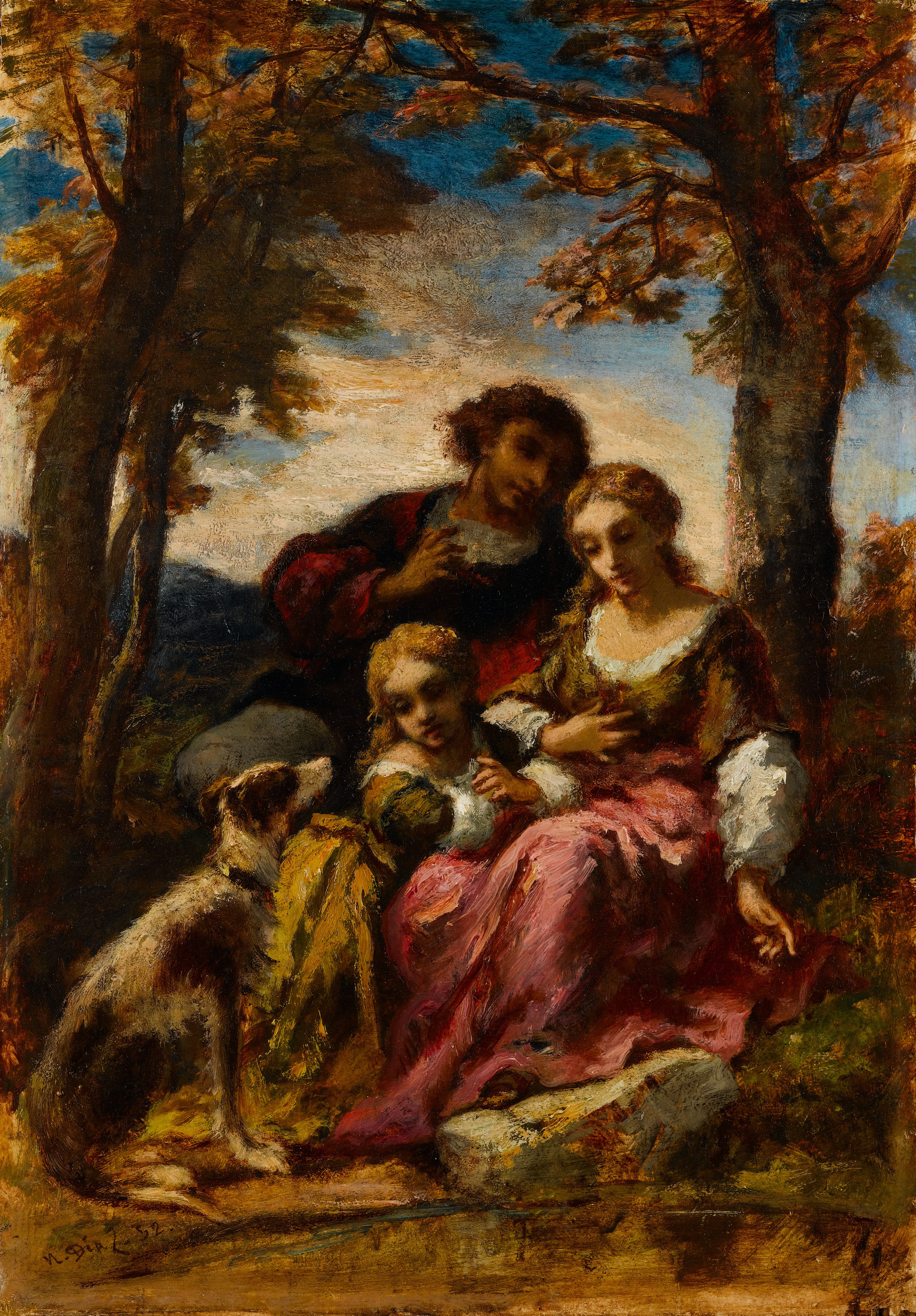 Figures and a Dog in a Landscape by Narcisse-Virgile Diaz de la Peña