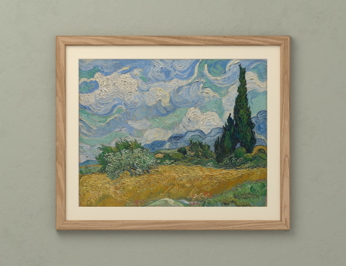 Wheat Field with Cypresses — Oak Frame · Linen Mat · Pale Olive Wall.