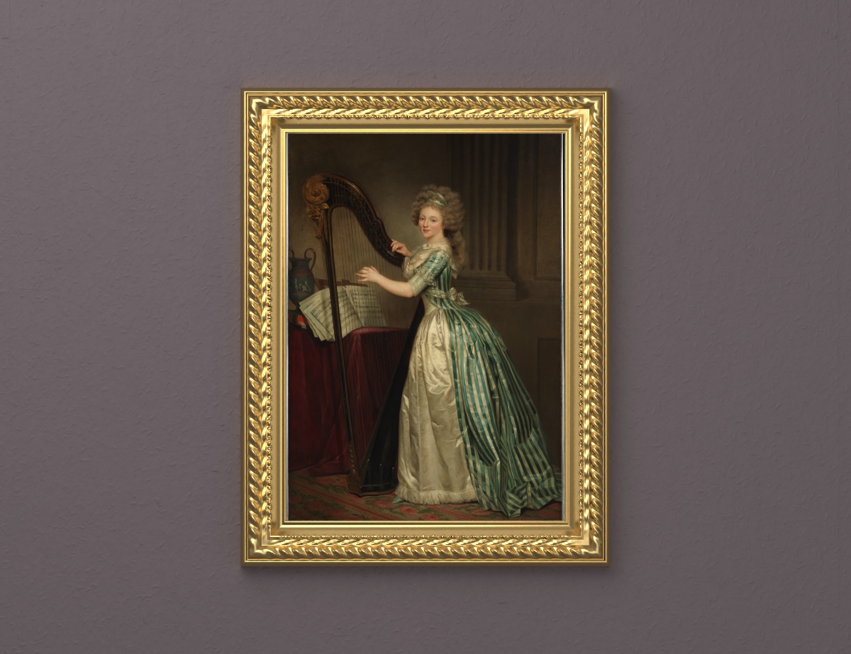Selbstporträt mit Harfe — Geschnitzter Prunkrahmen · Dunkelgrau-Violette Wand.