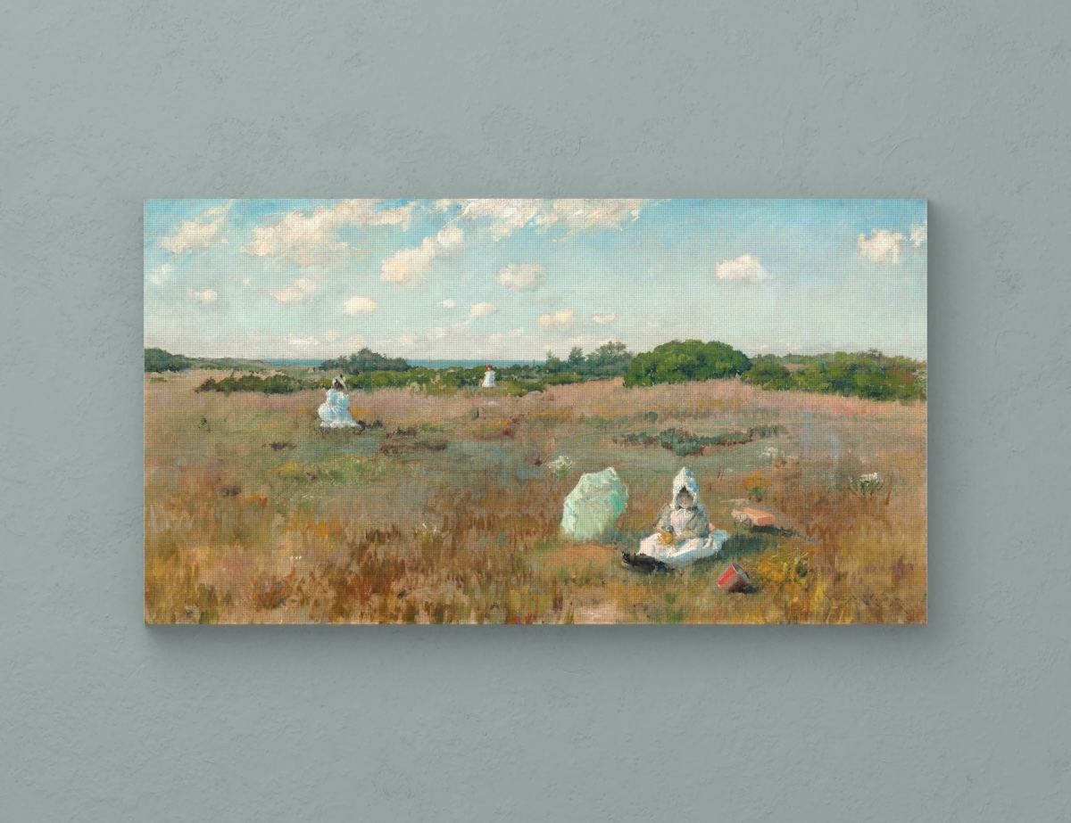 Chases Gathering Autumn Flowers, dargestellt als Leinwand auf Keilrahmen ohne Passepartout auf einer gedämpften blau-grünen Putzwand.