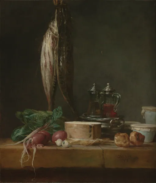 Still Life with Fish, Vegetables, Gougères, Pots, and Cruets on a Table by Jean-Siméon Chardin