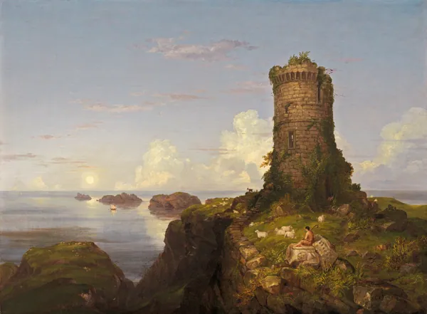 Italian Coast Scene with Ruined Tower by Thomas Cole