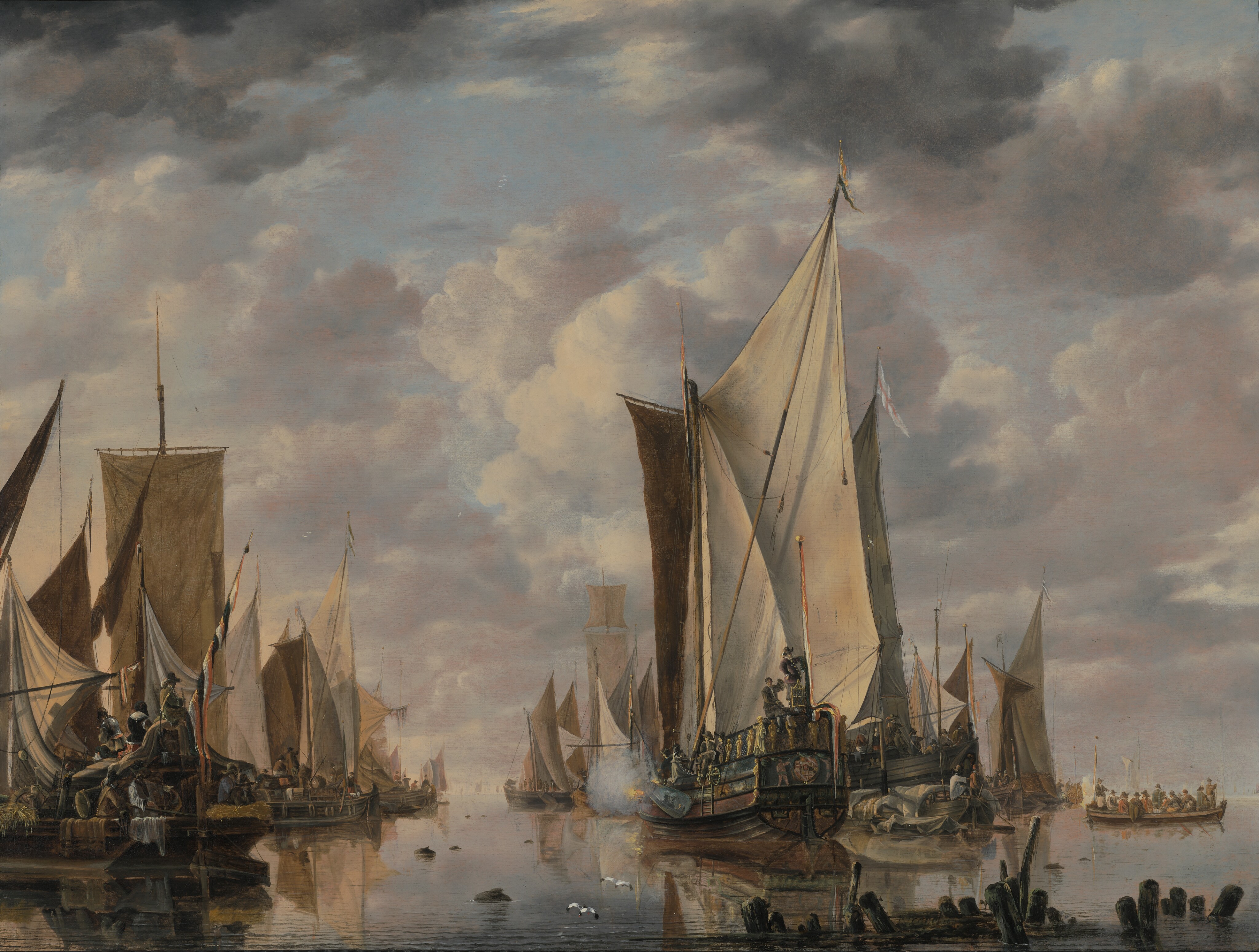 Shipping in a Calm at Flushing with a States General Yacht Firing a Salute by Jan van de Cappelle