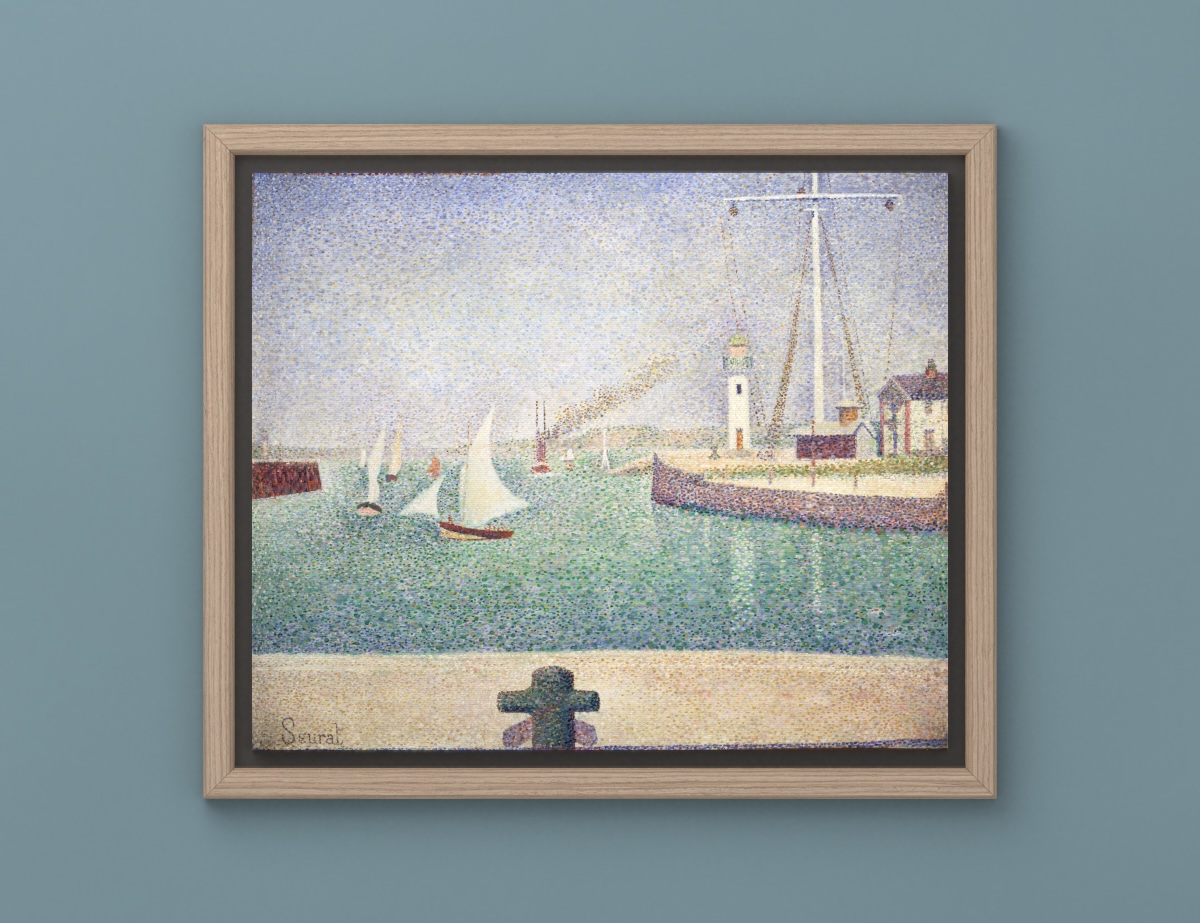 Wallside digital framing of Entrance of the Port of Honfleur: an ash floating frame without a mat preserves the painted colour border, against a blue-grey limewash wall.