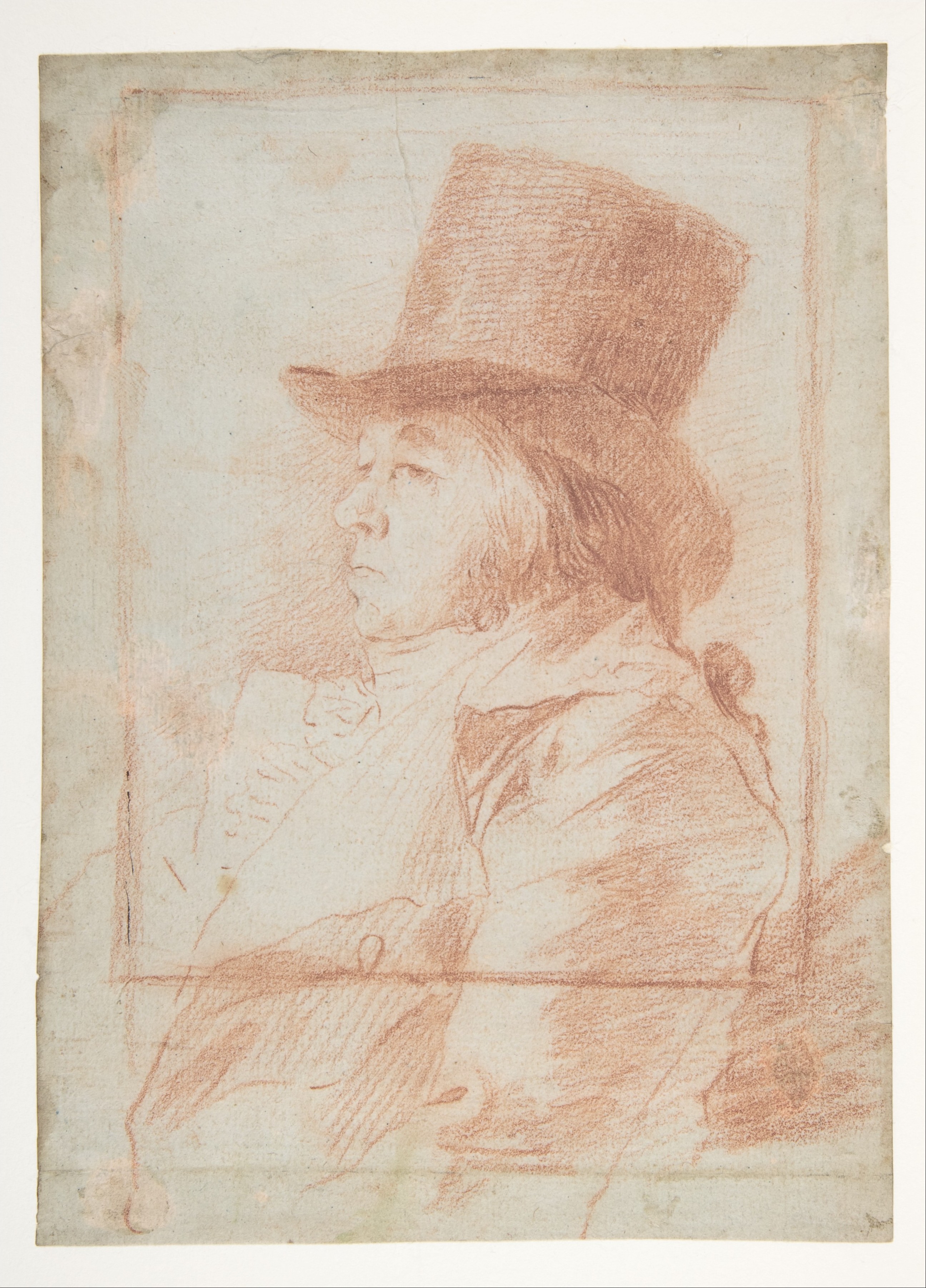 Self-Portrait; wearing a top hat facing left within a drawn frame (recto); two studies of his face (verso) by Goya (Francisco de Goya y Lucientes)