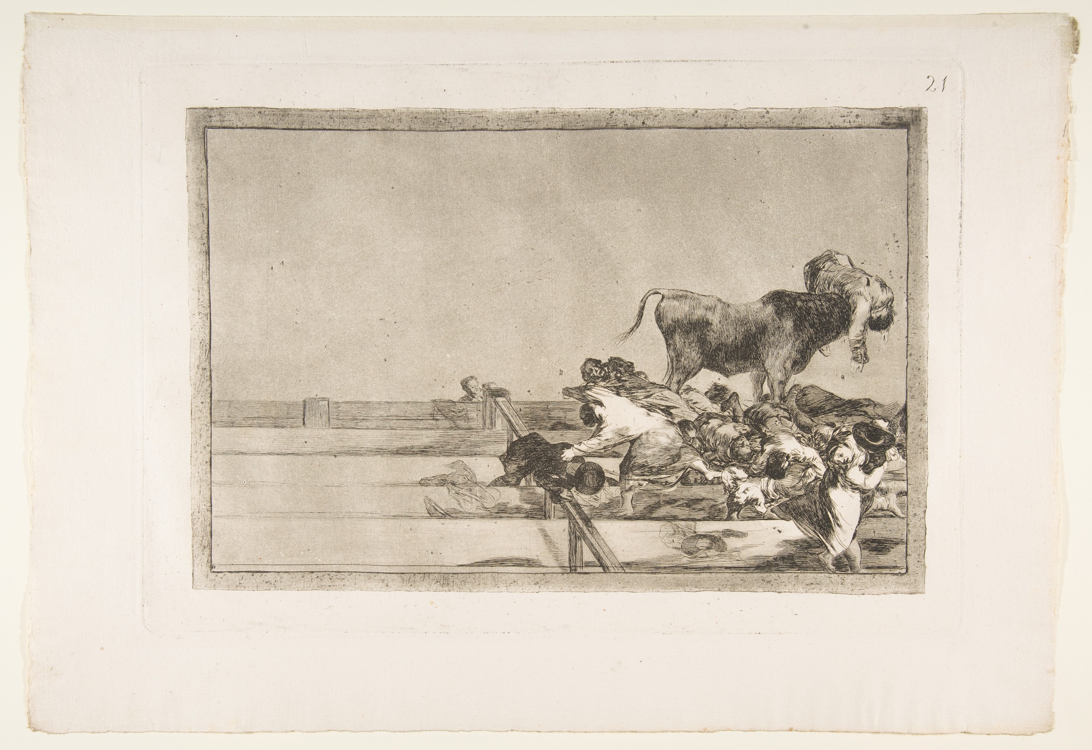 Plate 21 from "La Tauromaquia": Dreadful events in the front rows of the ring at Madrid and death of the mayor of Torrejon by Goya (Francisco de Goya y Lucientes)